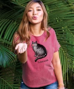 B. Kliban Kiss A Cat - Paradise Red Dyed Short Sleeve Scoop Neck T-Shirt