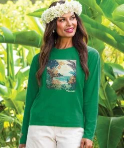 Vintage Tropic Beach Scene - Wintergreen Dyed Long Sleeve Crewneck T-Shirt