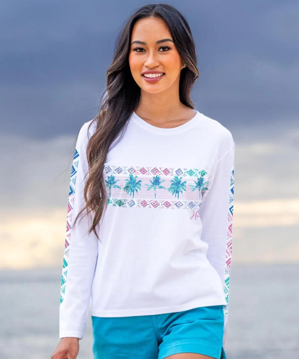 Row Of Palms - White Long Sleeve Crewneck T-Shirt 3 Row Of Palms - White Long Sleeve Crewneck T-Shirt