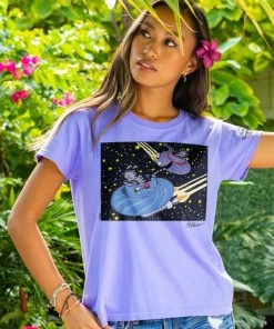 B. Kliban Spaceship Cats - Lavender Dyed Short Sleeve Crewneck T-Shirt