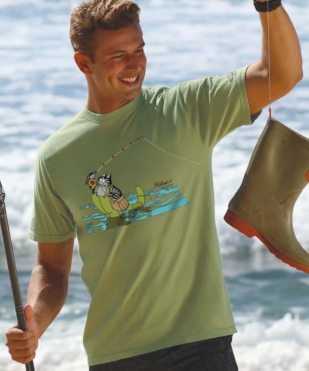 B. Kliban Fly Fishing Cat - Hemp Dyed Short Sleeve Crewneck T-Shirt 3 B. Kliban Fly Fishing Cat - Hemp Dyed Short Sleeve Crewneck T-Shirt