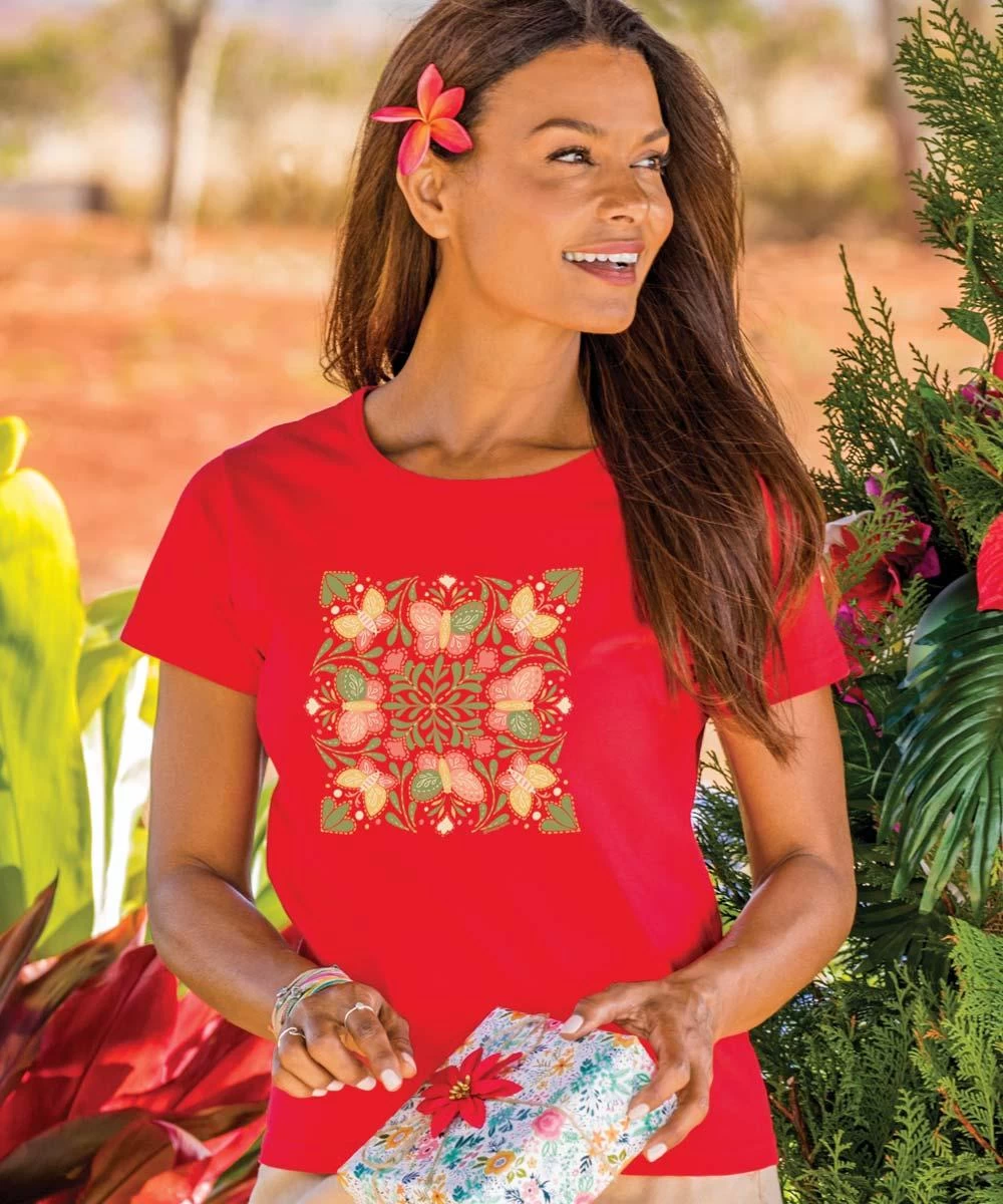 Butterfly Quilt - Candy Apple Red Dyed Short Sleeve Scoop Neck T-Shirt 3 Butterfly Quilt - Candy Apple Red Dyed Short Sleeve Scoop Neck T-Shirt