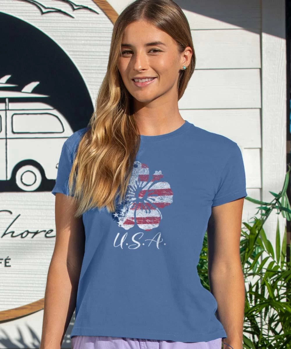USA Hibiscus - Sapphire Short Sleeve Crewneck T-Shirt 3 USA Hibiscus - Sapphire Short Sleeve Crewneck T-Shirt