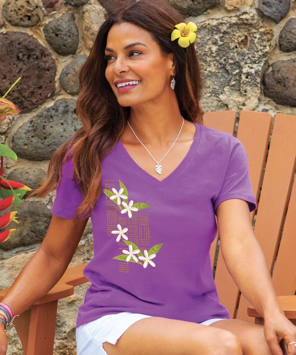 Plumeria Breeze - Violet Short Sleeve Pima V-Neck T-Shirt 3 Plumeria Breeze - Violet Short Sleeve Pima V-Neck T-Shirt