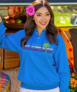 Retro Rainbow Hibiscus Band - Blue Hawaii Dyed Long Sleeve Lightweight Pullover