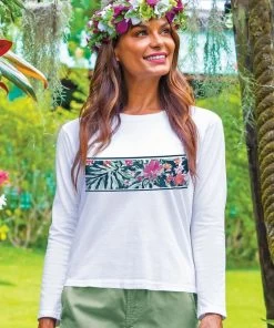 Tropical Watercolor Band - White Long Sleeve Crewneck T-Shirt