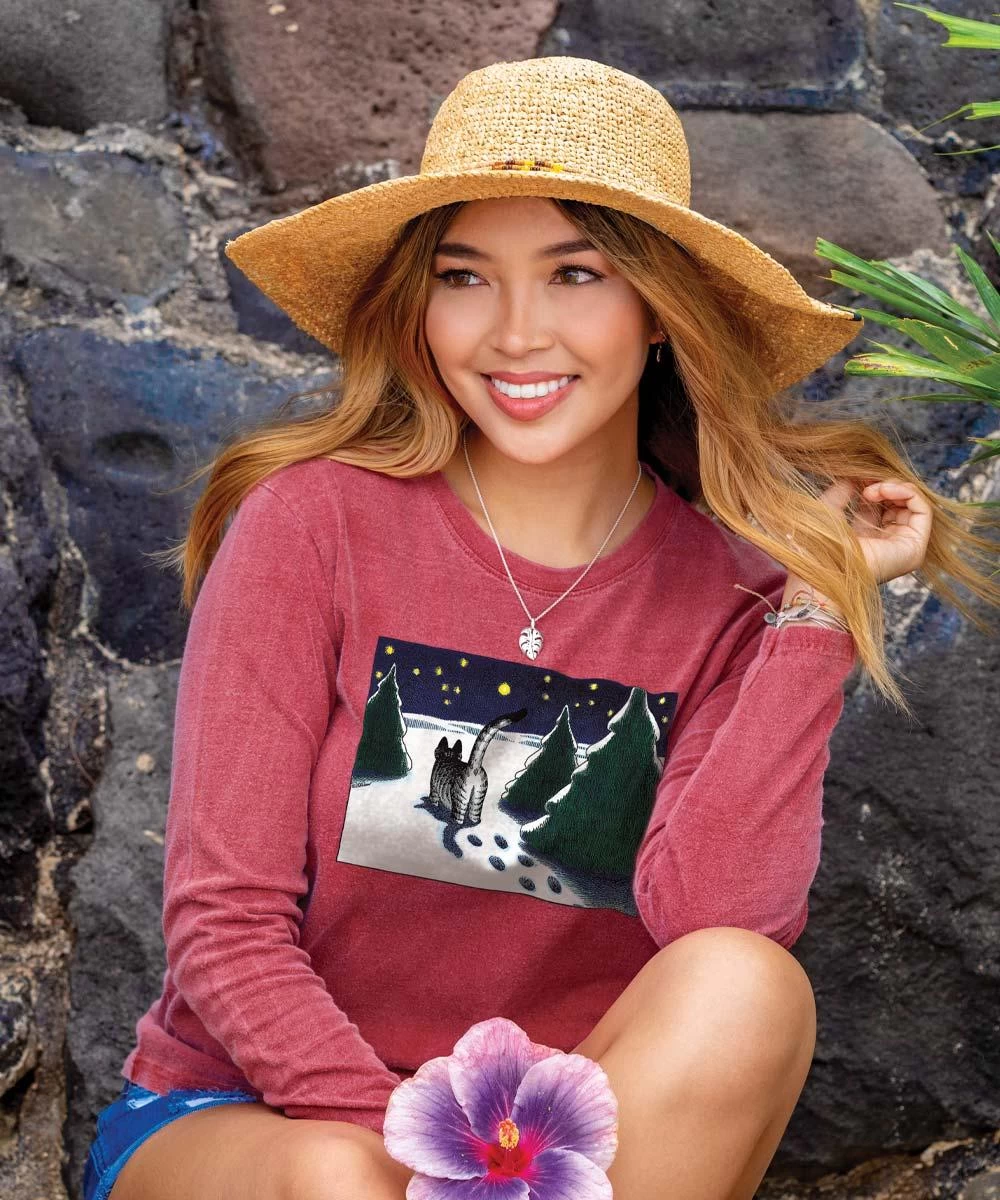 B. Kliban Snow Tracks Cat - Paradise Red Dyed Long Sleeve Crewneck T-Shirt 3 B. Kliban Snow Tracks Cat - Paradise Red Dyed Long Sleeve Crewneck T-Shirt