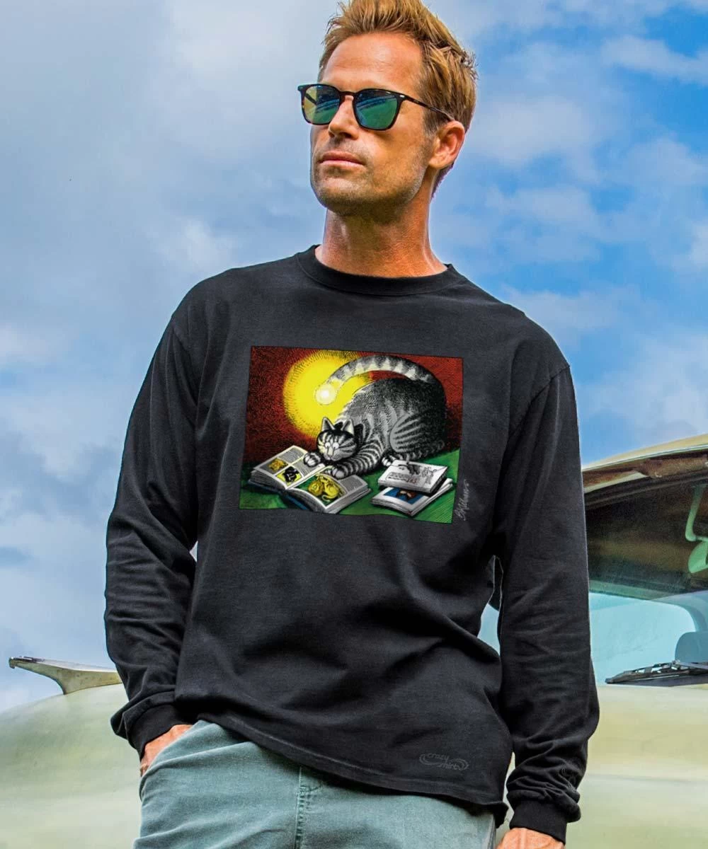 B. Kliban Tail Light Reading Cat - Black Long Sleeve Crewneck T-Shirt 3 B. Kliban Tail Light Reading Cat - Black Long Sleeve Crewneck T-Shirt