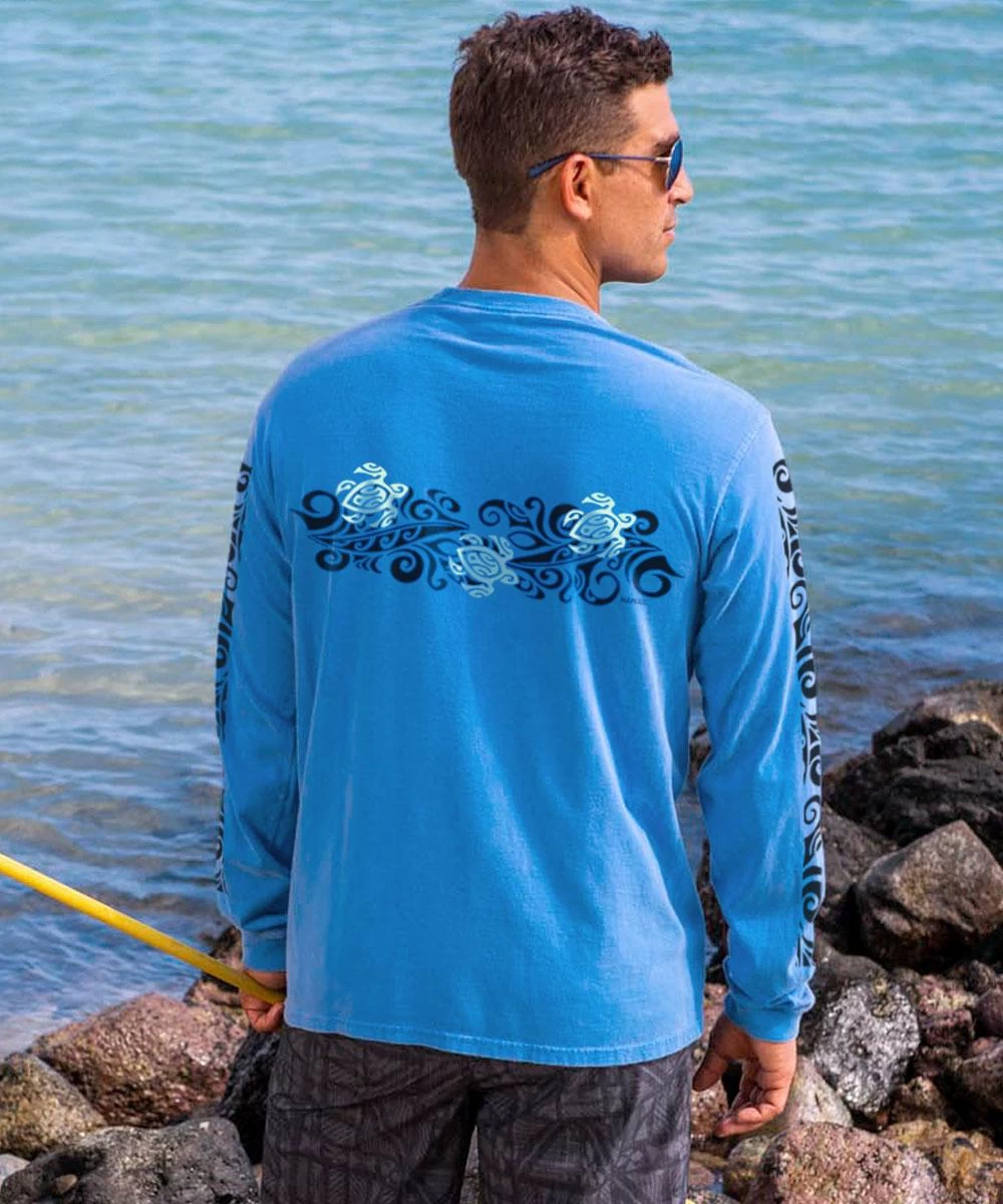 Tribal Honu Band - Blue Hawaii Dyed Long Sleeve Crewneck T-Shirt 4 Tribal Honu Band - Blue Hawaii Dyed Long Sleeve Crewneck T-Shirt - Image 2