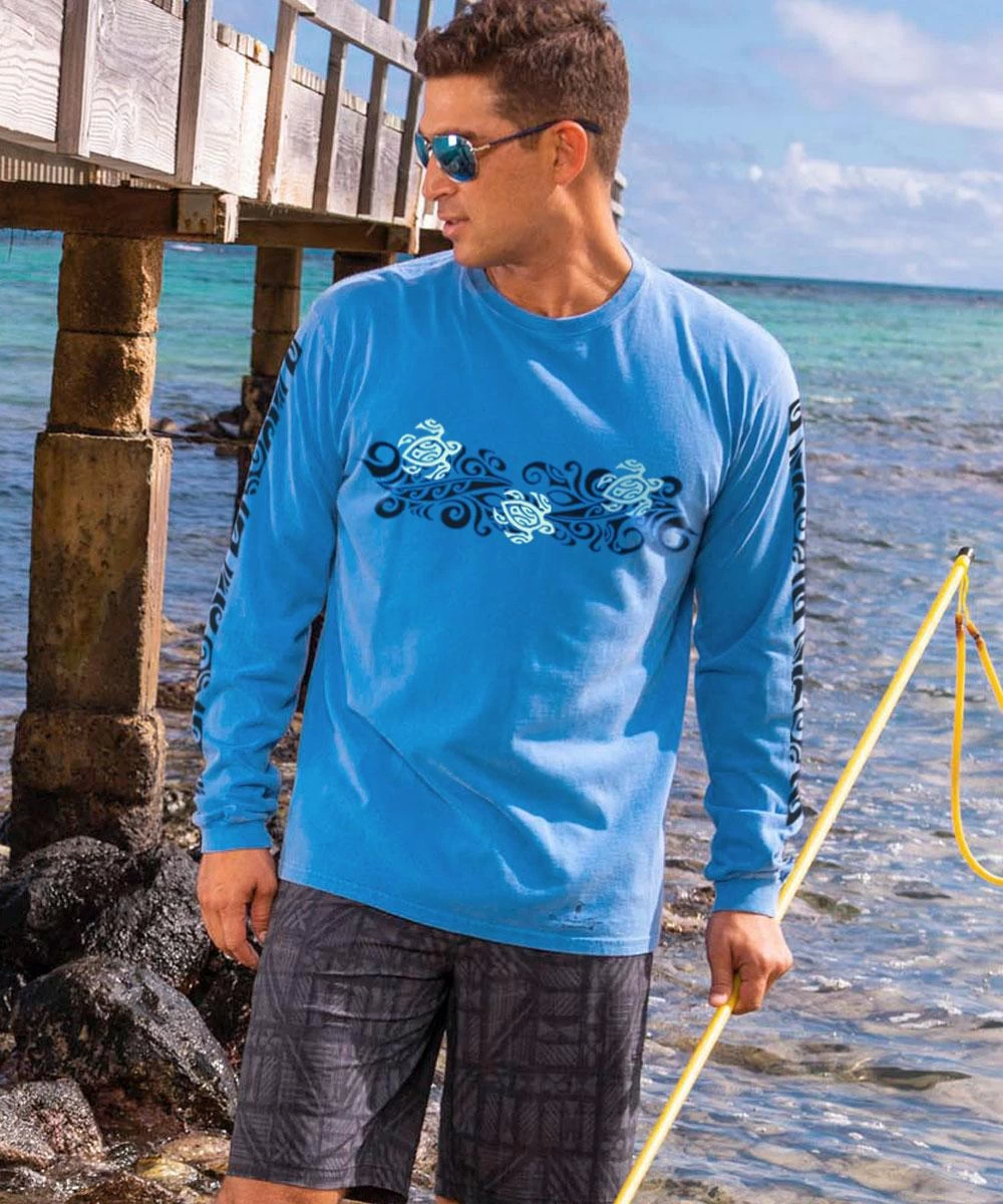 Tribal Honu Band - Blue Hawaii Dyed Long Sleeve Crewneck T-Shirt 3 Tribal Honu Band - Blue Hawaii Dyed Long Sleeve Crewneck T-Shirt