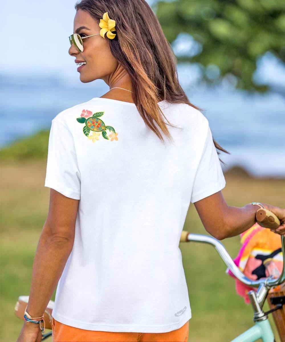 Flower Honu - White Short Sleeve Scoop Neck T-Shirt 4 Flower Honu - White Short Sleeve Scoop Neck T-Shirt - Image 2