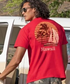 Seas The Day Palm Scenic - Candy Apple Red Dyed Short Sleeve Crewneck T-Shirt