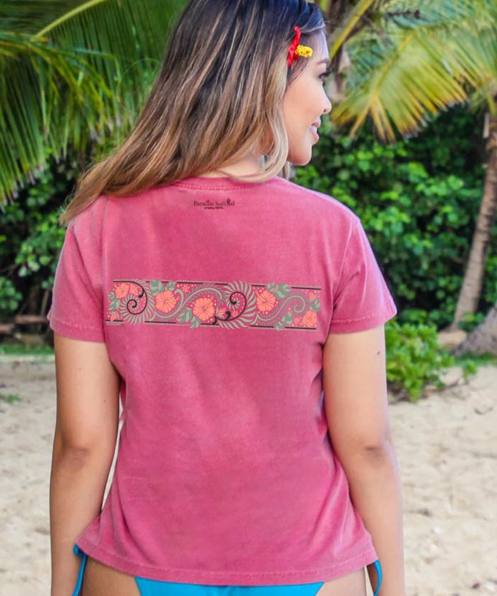 Hibiscus Vines - Paradise Red Dyed Short Sleeve Crewneck T-Shirt 4 Hibiscus Vines - Paradise Red Dyed Short Sleeve Crewneck T-Shirt - Image 2
