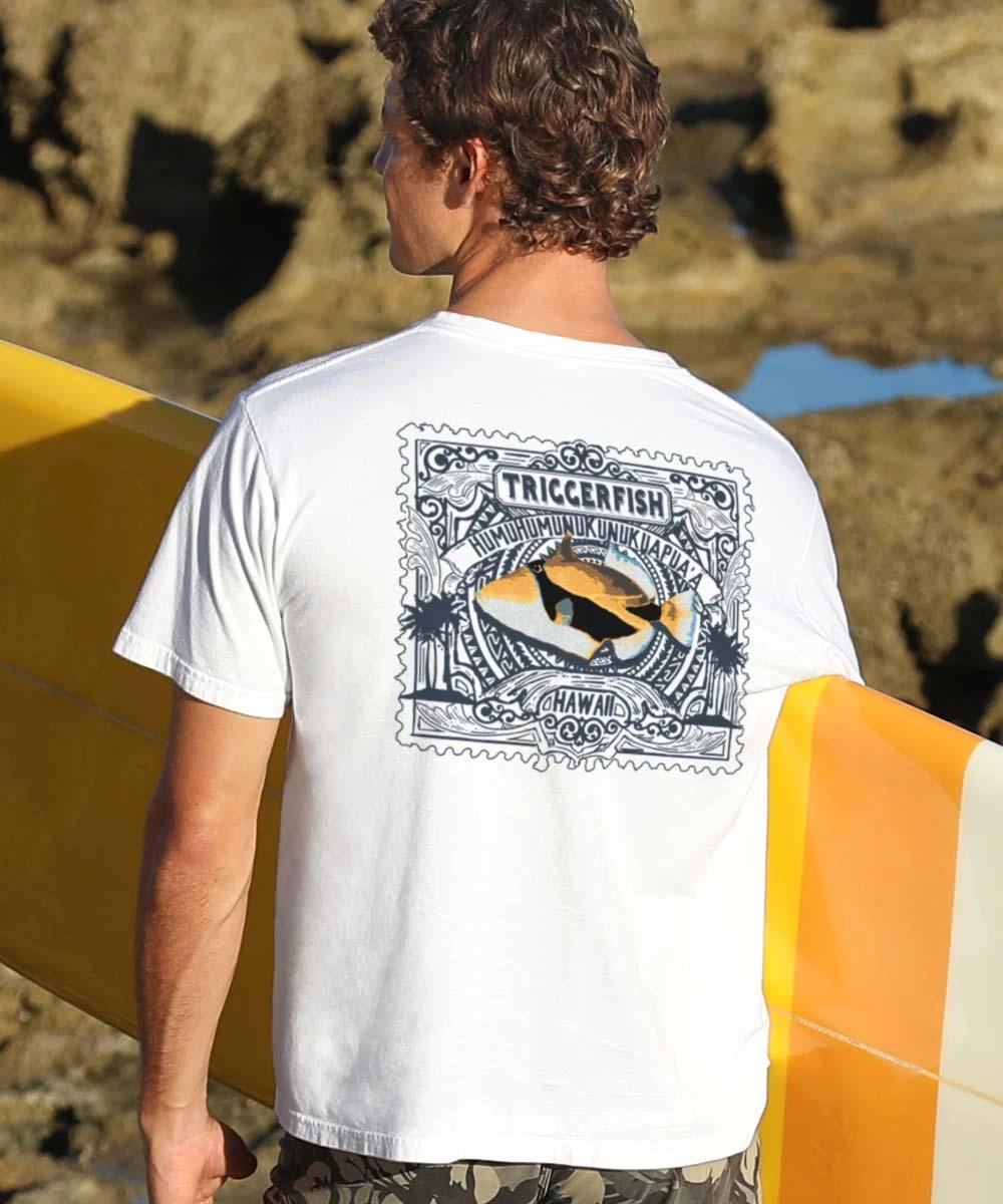 Trigger Fish Stamp - White Short Sleeve Crewneck T-Shirt 3 Trigger Fish Stamp - White Short Sleeve Crewneck T-Shirt